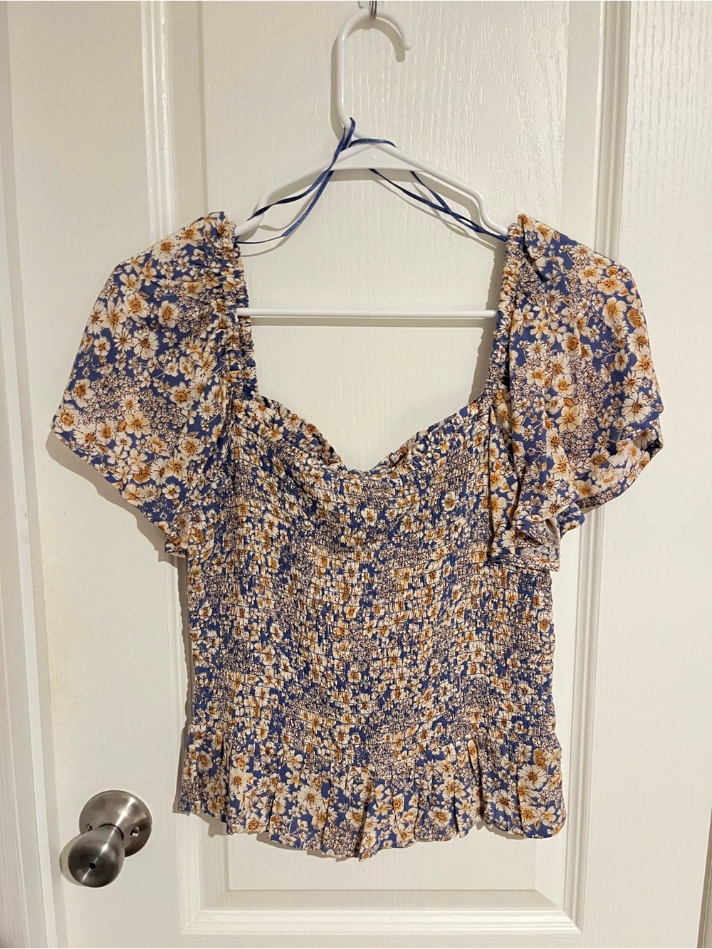Patrons of Peace Blue and Cream Floral Smocked Crop Top